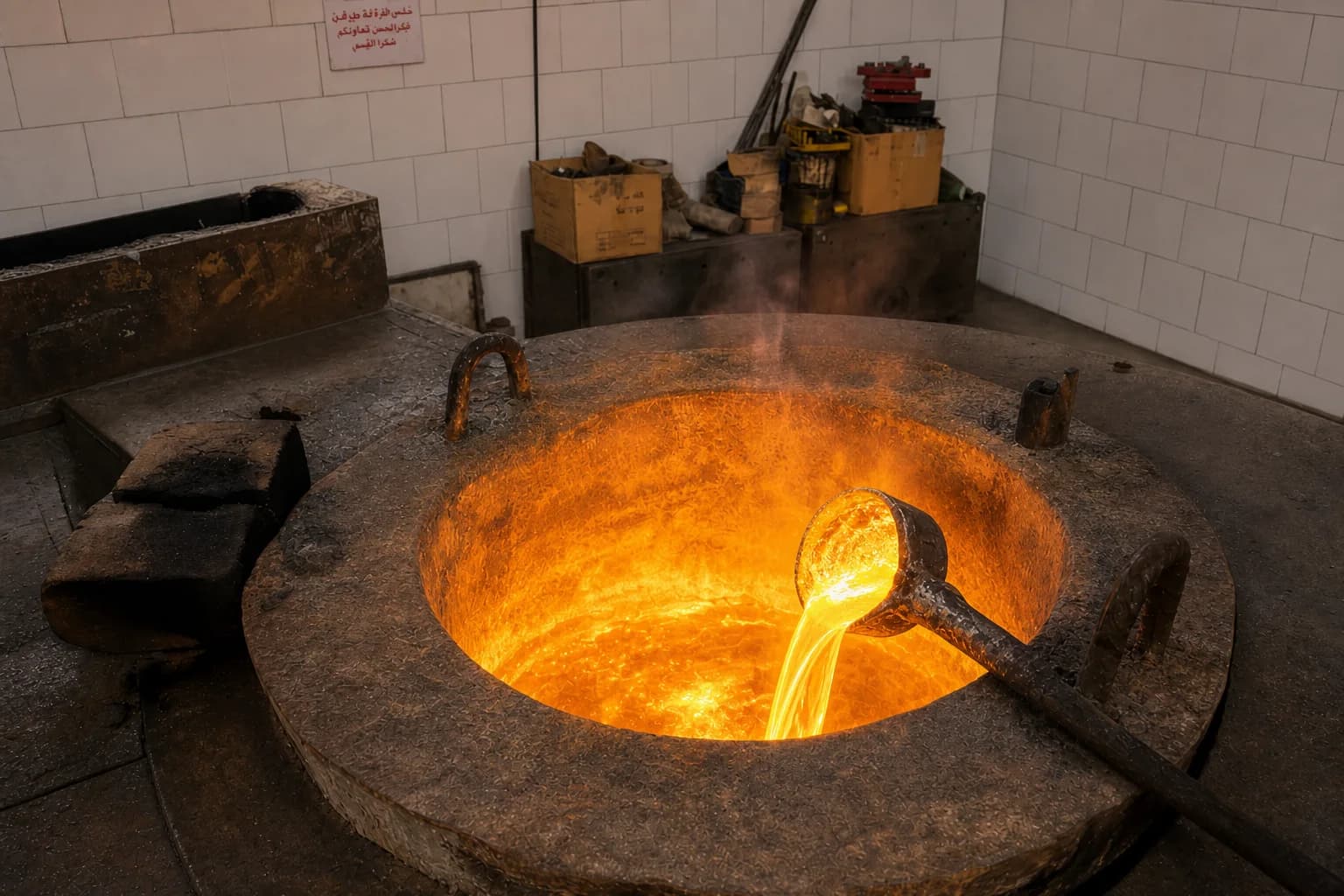 Molten aluminum pour into the melting crucible on the hanz foundry floor